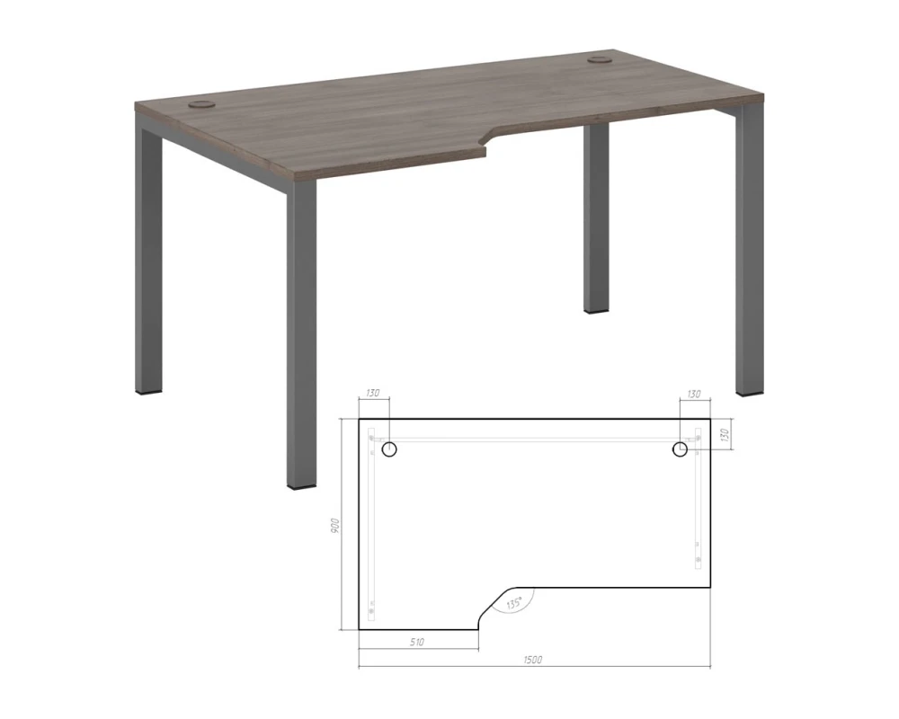 Стол эргономичный левый на металлоопорах 150 Нью Лайн / New Line Дуб Шамони темный