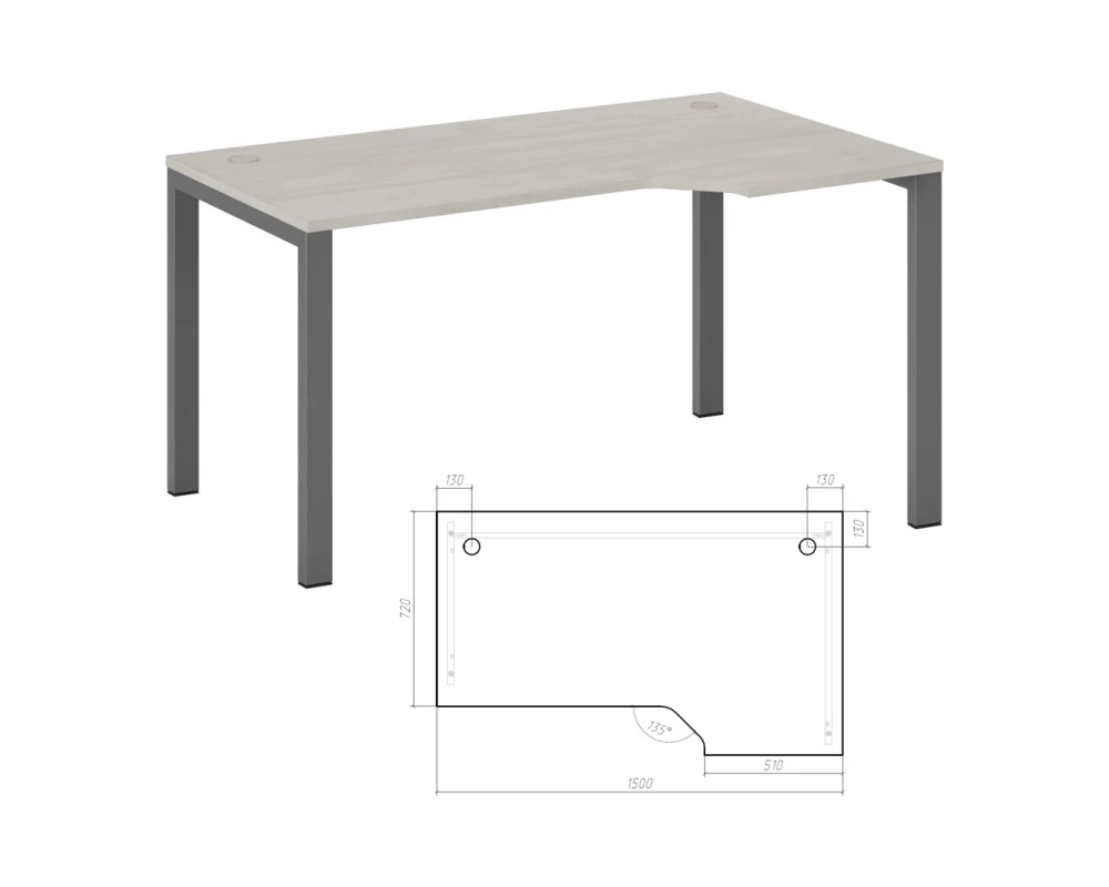 Стол эргономичный правый на металлоопорах 150 Нью Лайн / New Line Дуб Шамони светлый